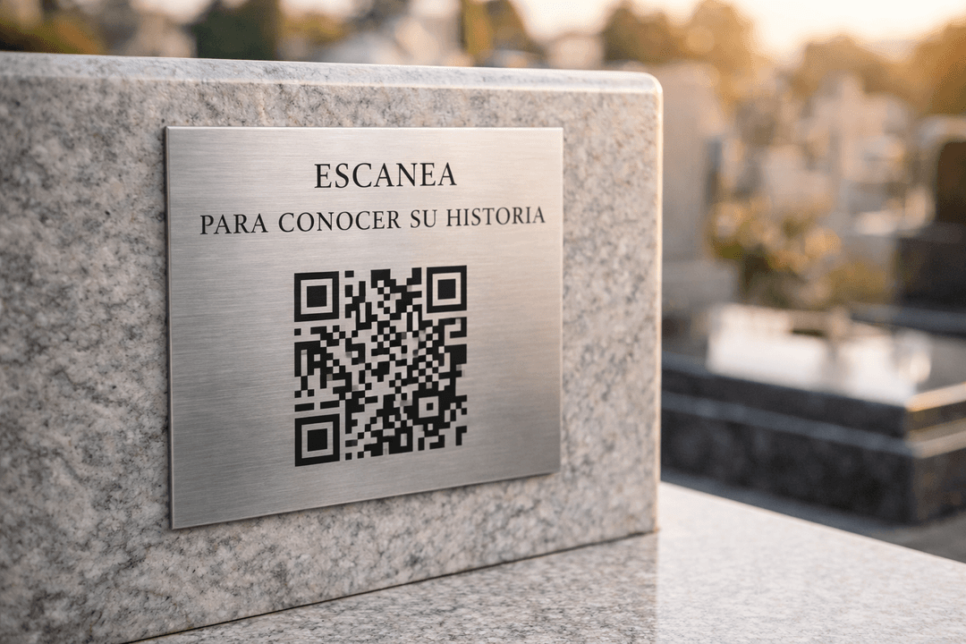 Placa conmemorativa con código QR en una lápida